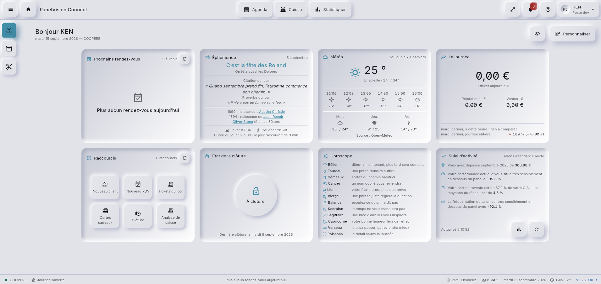Tableau de bord Panel Vision Connect — prochains rendez-vous, météo, la journée, raccourcis, clôture et suivi d'activité